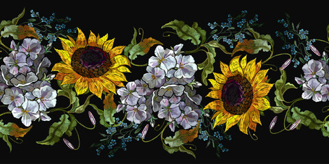 Embroidery summer white flowers and sunflower horizontal seamless pattern. Fashion colorful template for clothes, tapestry, t-shirt design