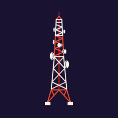 Telecommunication tower, radio mast, pole with many dishes, signal receivers. Broadcasting, telecom base. Electromagnetic transmission equipment, technology. Isolated flat vector illustration