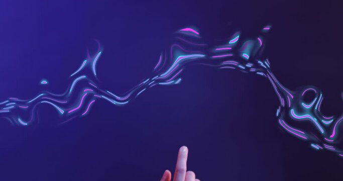 Animation of glowing light trails of data transfer and asian woman's hand