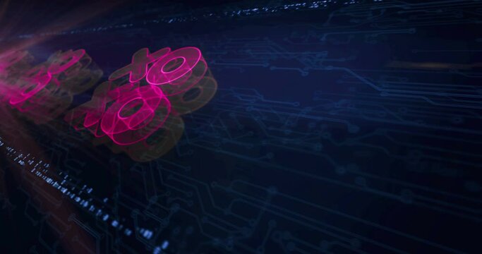 XOXO romantic love greeting and kiss digital cyber style hologram symbol appears on a electronic circuit background. Network, cyber technology and computer abstract concept 3d seamless loop.