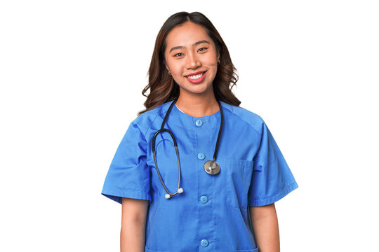 A young nurse chinese woman happy, smiling and cheerful.