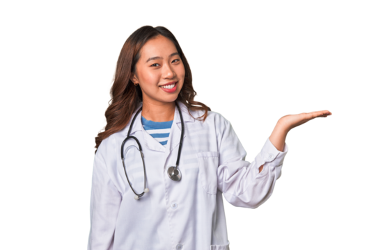A young asian doctor woman showing a copy space on a palm and holding another hand on waist.