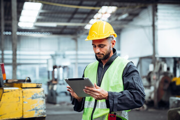 Portrait of engineer is working with tablet in the factory. Mechanical technicians are maintaining the engine.