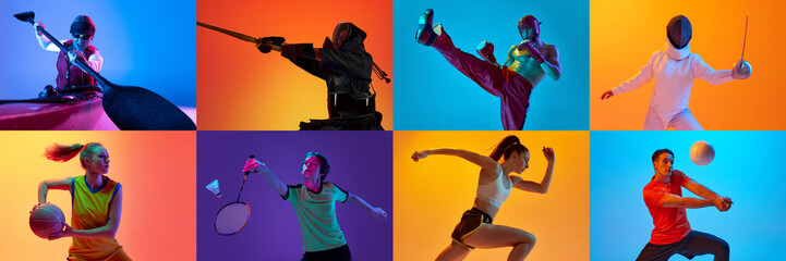 Fototapeta na wymiar Collage made of different people of various age and gender doing different kind of sports against multicolored background in neon light. Concept of sport, action and motion, competition, game