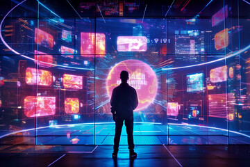 The silhouette of a person standing in front of a large digital screen with a global data flow showing various cyber threats and vulnerabilities, Generative AI