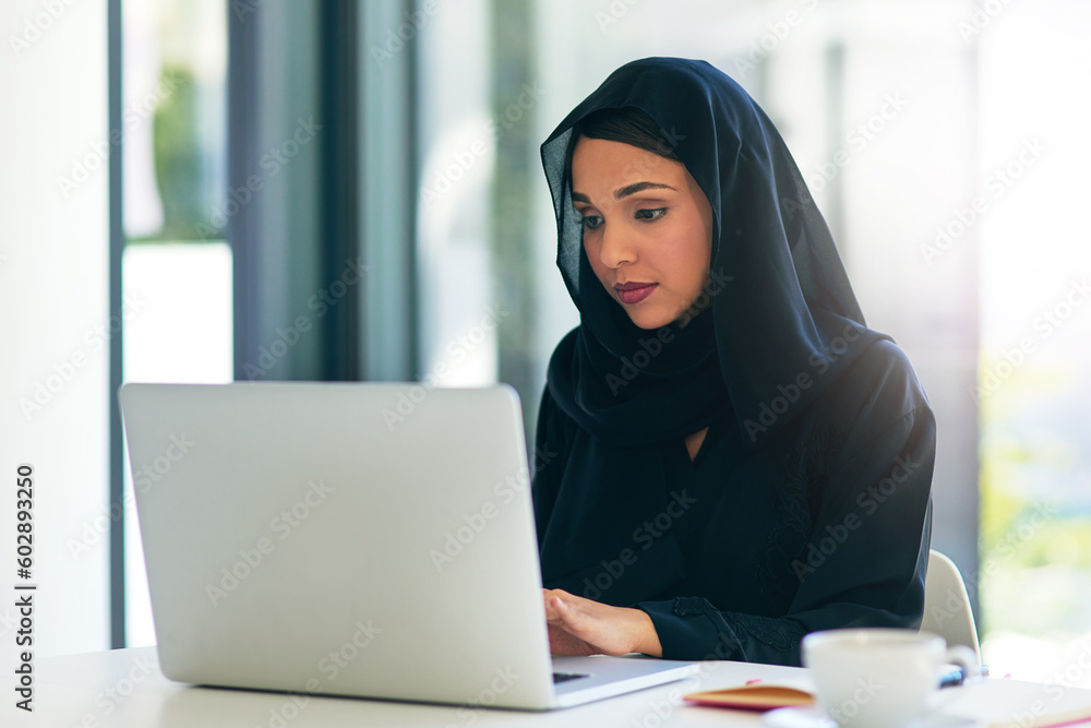 Poster woman, muslim and laptop for career is working at the office on the internet for dubai and technolog