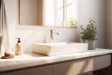 Naklejka na ściany i meble sink design bathroom modern sunlight counter style faucet house luxury interior. Generative AI.