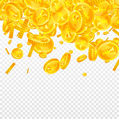 Chinese yuan coins falling. Scattered gold CNY