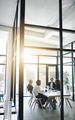 Planning, teamwork and meeting with business people in office for strategy, brainstorming and solution. Corporate, collaboration and conference with employees in boardroom for negotiation development
