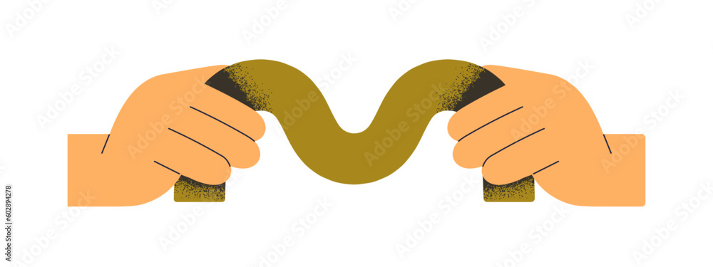 Poster hand holding abstract geometric shape. creative geometry element, curved wave figure, wavy object. m