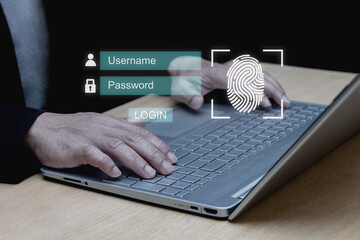 Cyber ​​security concept, businessman protect personal data on laptop and virtual interface lock icon and internet network security technology Username and password fingerprint scanner