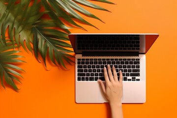 leaf business palm keyboard hand computer office background orange screen laptop. Generative AI.