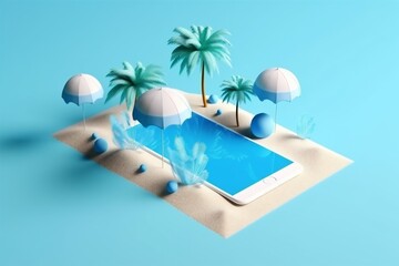 palm up mock phone sea creative sand cyber summer concept holiday. Generative AI.