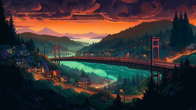 san francisco bridge wallpaper, night colors, video game art, web design illustration