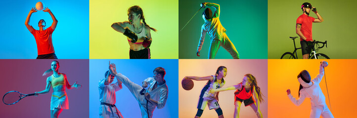 Collage made of different people in motion, training, doing various kind of sports against multicolored background in neon light. Concept of sport, action and motion, competition, game