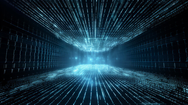 Terabytes of binary code data flying in a stream of information. Wavy field of coded blockchains.
