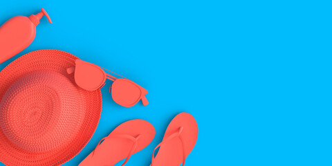 Colorful beach accessories for summer vacation on monochrome background.