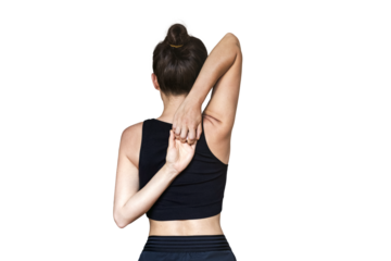 Woman doing yoga stretch exercise Cow Face pose, connecting hands behind back.