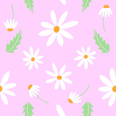 Obraz na płótnie Canvas Seamless pattern with daisy flower field on purple background vector illustration. Pattern of daisies and leaves. Summer Bouquet of daisies 