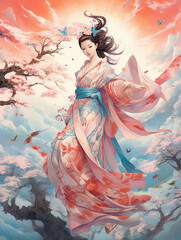 Fototapeta na wymiar A geisha in a kimono among the cherry blossoms. Flying girl. Japanese style