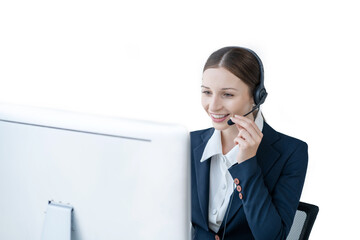Serious call center operator in wireless headset talking to customer, woman in headphones with microphone consulting customer on phone in customer support service, looking at computer screen.