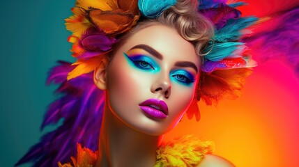 Obraz na płótnie Canvas Fashion portrait of model with creative vibrant color make-up. Generative AI