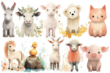 Watercolor set of Cute Baby cow, pig, goat, dog, cat, sheep, horse, donkey, duck, lamb Safari Animals. Cartoon animal for decoration design. Cute animals vector set. Hand-drawn watercolor illustration