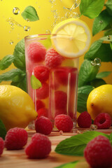 Raspberry lemonade in a glass, red drink with raspberries basil and lemon, Generative AI