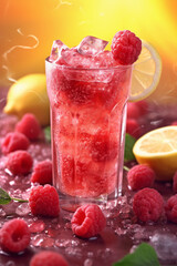 Raspberry lemonade in a glass, red drink with raspberries and lemon, Generative AI