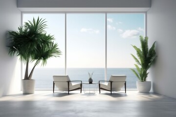 Fototapeta premium wall wood empty window interior indoor floor chair plant design home. Generative AI.