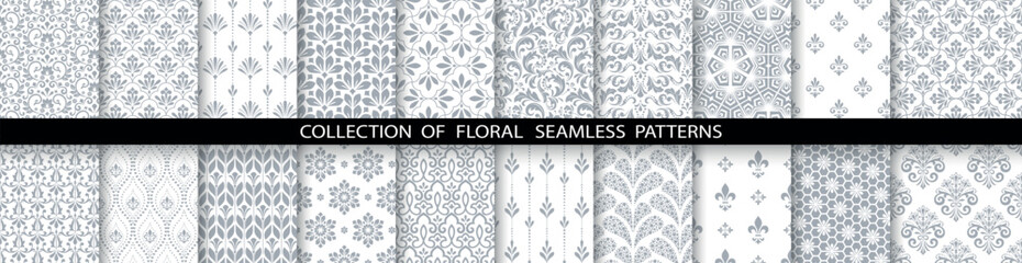 Geometric floral set of seamless patterns. White and gray vector backgrounds. Damask graphic ornaments