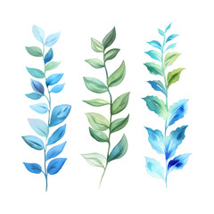 Watercolor floral set of green and blue leaves, greenery, branches, twigs. Cut out illustration on transparent vector background. Watercolour clipart drawing.