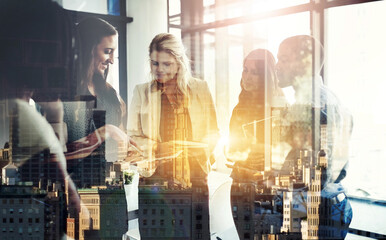 Planning, meeting and double exposure with business people in office for corporate, company and...