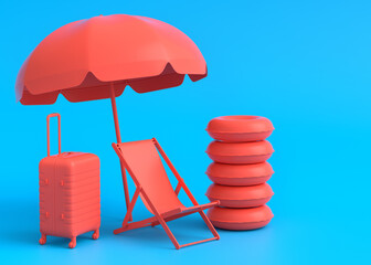Colorful beach rings, chair, umbrellas and lugagge on monochrome background.