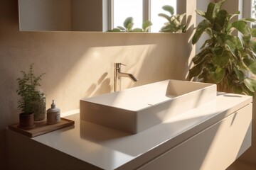 Fototapeta premium design hotel sunlight sink interior modern counter faucet house bathroom luxury. Generative AI.