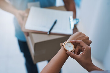 Watch, late and delivery with a customer checking the time for service delivery of a courier company. Logistics, ecommerce and retail with a consumer timing the shipping of an online shopping product - obrazy, fototapety, plakaty