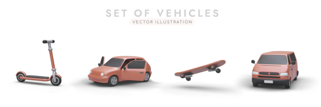 Set of colorful 3D vehicles with shadows. Scooter, car, skate, mini van, made in same style. Most popular types of modern transport. Vector images of personal vehicles of various types and power