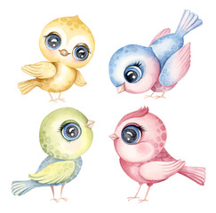 Cute set colorful birds, hand drawn watercolor animal cartoon illustrations - 602898056