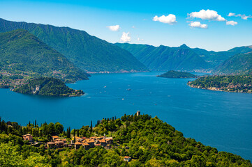 Lake Como, Photographed by Perledo, showing Varenna, Bellagio, Castello di Vezio, and Punta Balbianello, on a spring day.
