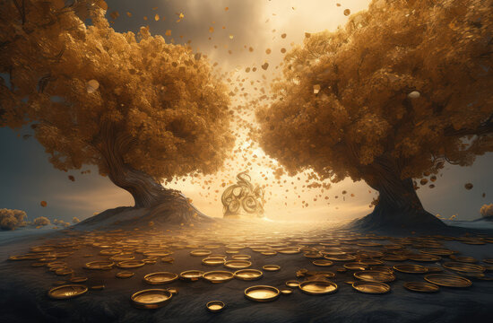 a golden tree with gold coins surrounding it, generative AI