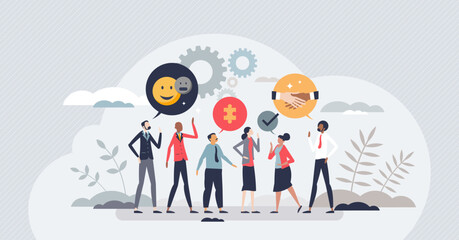 Soft skills as ability to understand communication tiny person concept. Empathy and emotion intelligence in conversation as quality for leaders vector illustration. Relationship for work and job.