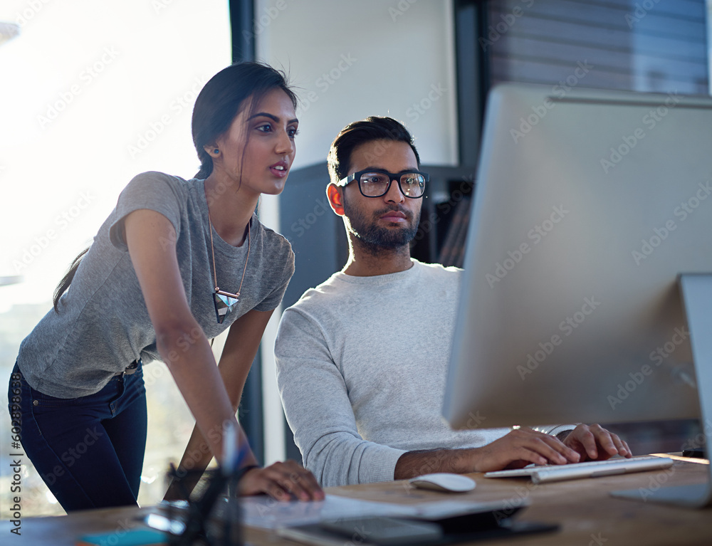 Poster advice, talking and business people with a computer for training, strategy and collaboration. teamwo