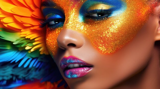 Fashion portrait of model with creative vibrant color make-up. Generative AI