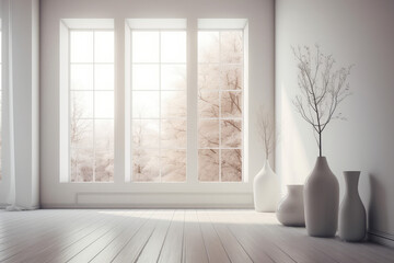 Interior of a white, minimalist room with vases on a hardwood floor, decorations on a large wall, and a white landscape beyond the window. Interior scenery Nordic interior design, generative AI