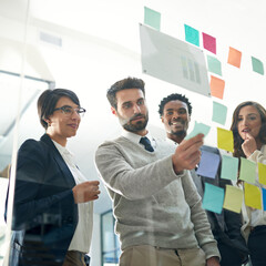 Business people, teamwork and planning with sticky note, brainstorming or talk for solution, idea...