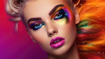 Obraz premium Fashion portrait of model with creative vibrant color make-up. Generative AI
