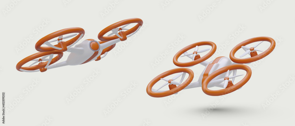 Poster quadcopter in operation. 3d image of drone with four motors. realistic illustration of flying device