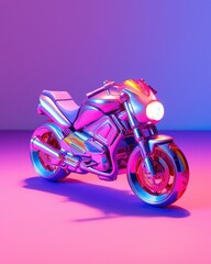 Obraz na płótnie Canvas A brightly colored blue and pink land futuristic motorcycle vehicle in a studio setting, with the focus on its glossy wheels. Generated AI.