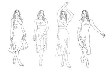 Outline sketch drawing of fashion show women, showing beautiful long dress. Lifestyle, fashion concept.