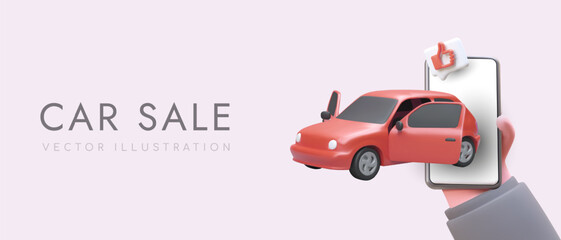 Car sale. Automobile market. New and used models. Reviews of real users. Product rating. Mobile application advertising template with 3D illustrations